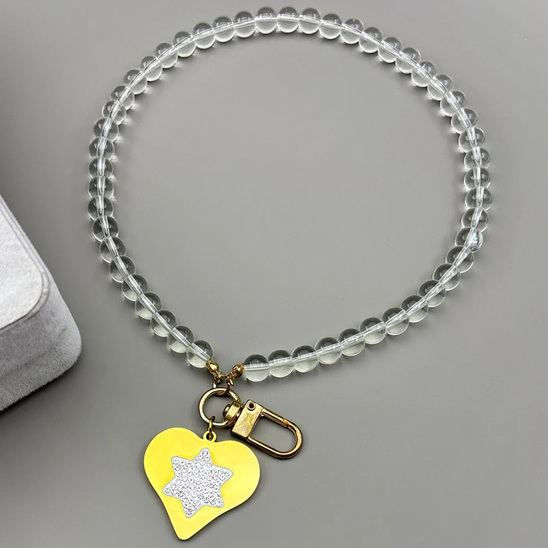 

Love Heart Star of David Car Pendant for Men Women Stainless Steel Rhinestone Israel Jewish Hexagram Glass Beads Chain Jewelry