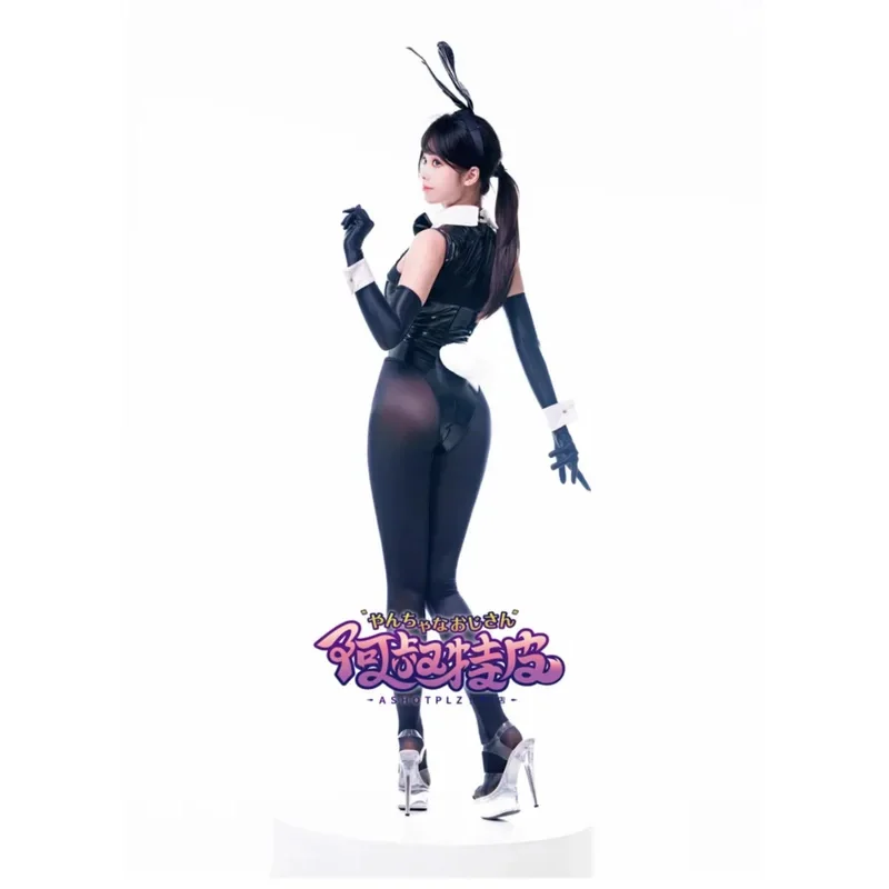 

New Cute Bowtie Leather Bunny girl Costumes Women Sexy Black Mesh Jumpsuit Headwear Gloves Suit Halloween Carnival Party Clothes