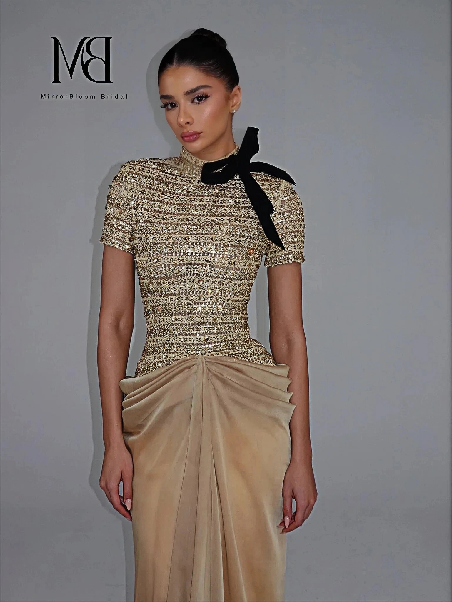 Elegant Champagne High Neck Sequin Bow Satin Draped Formal Dress Prom Gown Evening Dresses Floor Length Pleated Customized image 2