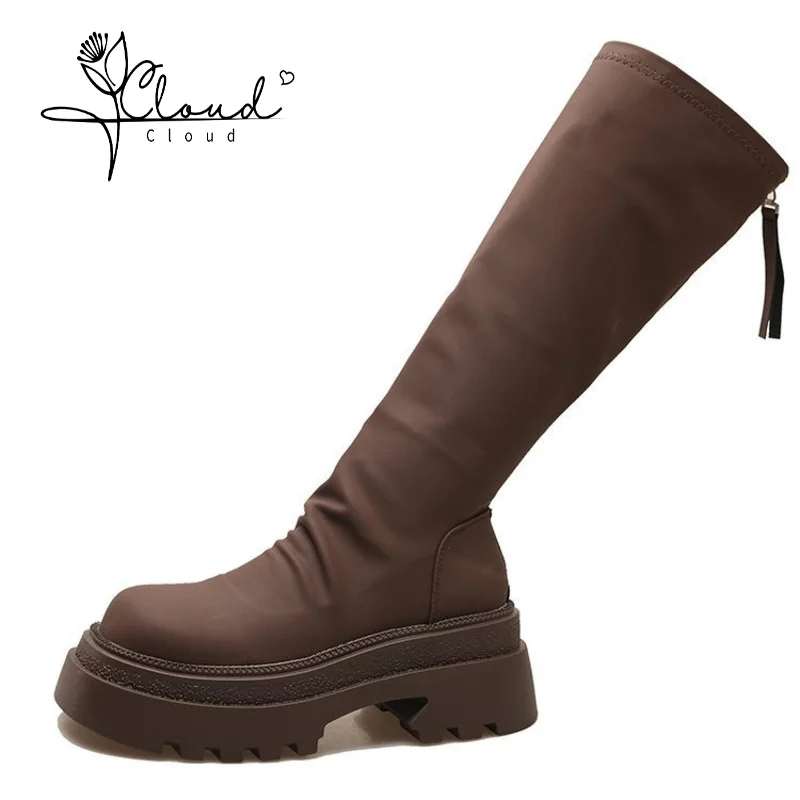 

Muffin Knee-high Women Thigh High Boots 2024 Autumn and Winter New Fashion Fold Pile Elastic Leather Shoes Female Platform