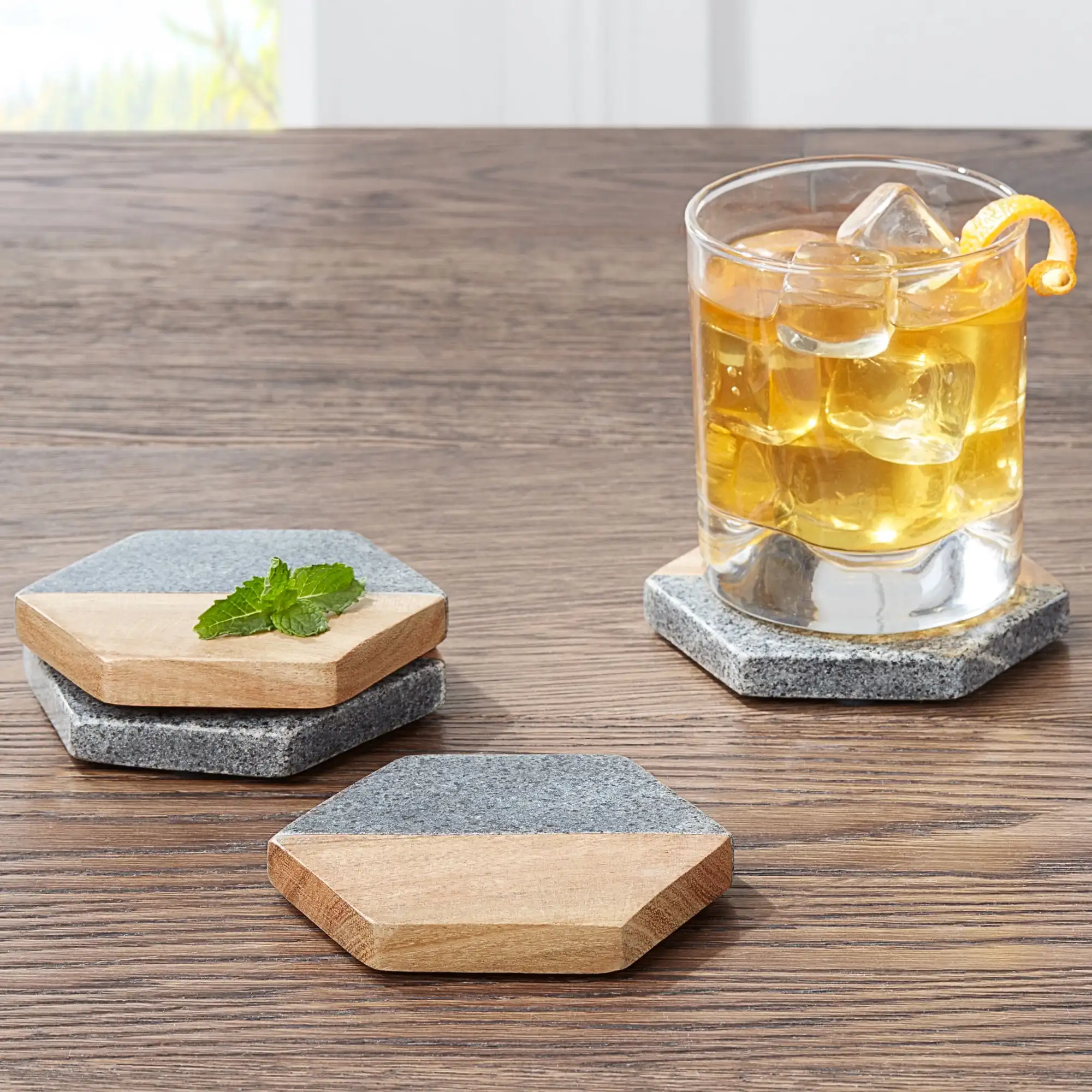 4-Piece Wood and Stone Coaster Set, Off-White