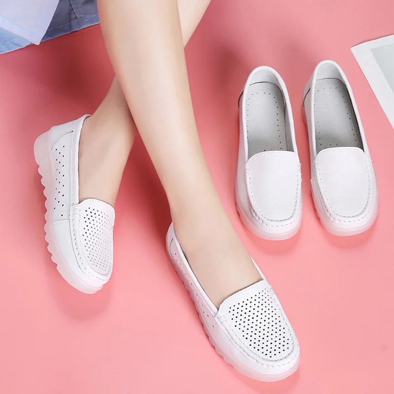 Frauen Schuhe Frühling Sommer Mode Weiß Wohnungen Schuhe Hohl Atmungsaktive Leder Loafer Komfort Plattform Krankenschwester Arbeit Schuhe WSH4639