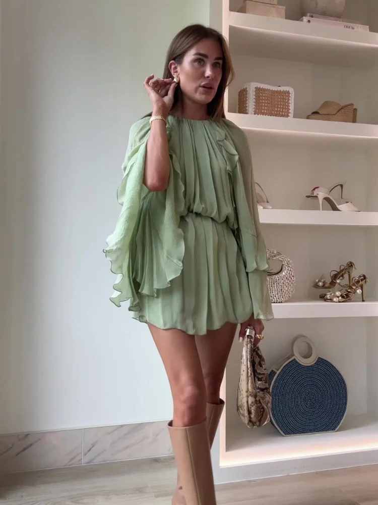 

Women Fashion Green Ruffle Hem Mini Dress Elegant Round Neck Long Flare Sleeve Party Dresses Summer New Lady Vacation Veatidos