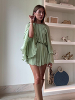 Women Fashion Green Ruffle Hem Mini Dress Elegant Round Neck Long Flare Sleeve Party Dresses Summer New Lady Vacation Veatidos