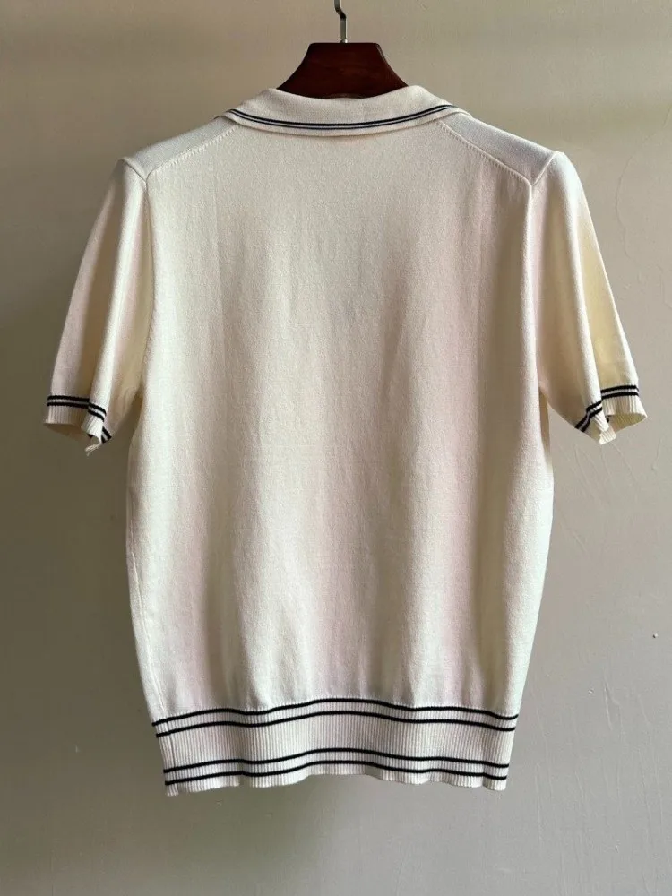 Summer Fashion Men Striped T-Shirt Breathable Knitted Tees Tops Short Sleeve Lapel Collar Loose Fit Business Work Male Vintage