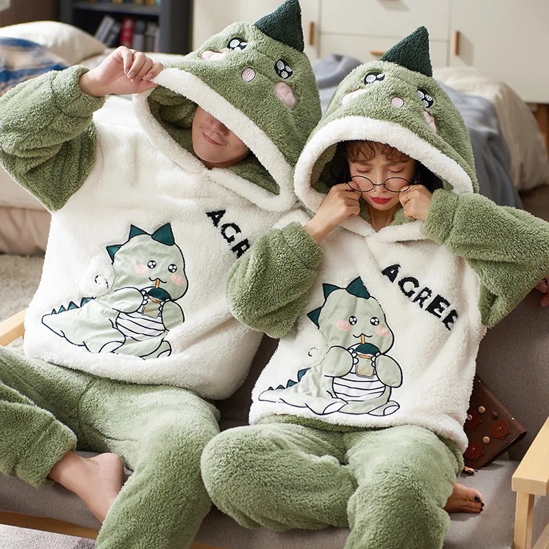 Conjuntos de Pijamas para parejas, Pijamas gruesos de invierno para hombres y mujeres, ropa de dormir con dibujos de dinosaurios, ropa de descanso para amantes coreanos, sudaderas con capucha cálidas, Pijamas