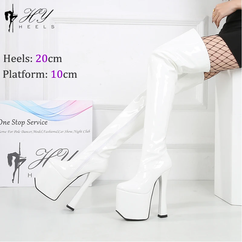 Sexy Glossy Silver 20cm 8 Inch High Over The Knee Long Boots Women Block Chunky Heels Platform Thigh High Boots Plus Size 46