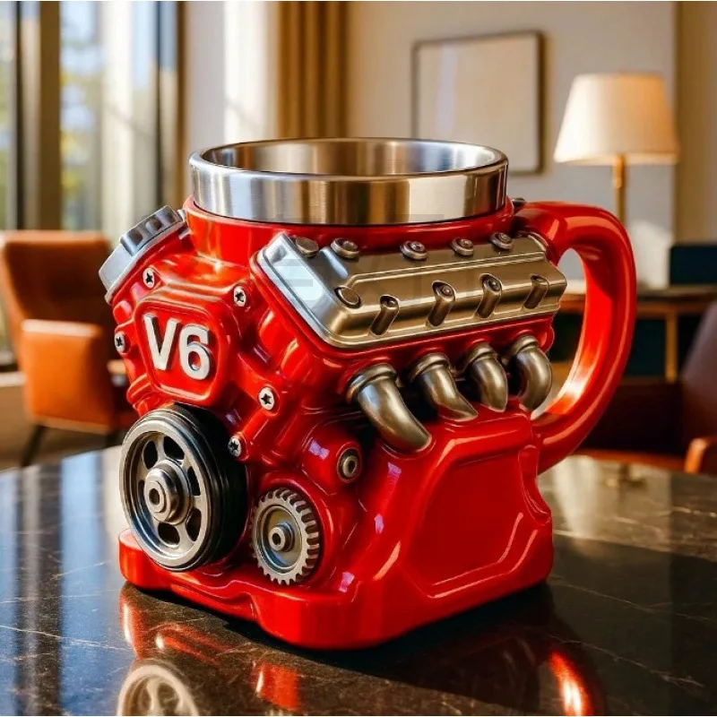 Cross Border New V8 Engine Design Stainless Steel 3D Mug Resin Craft Cup Creative Automotive Theme Drinkware Coffee Cup