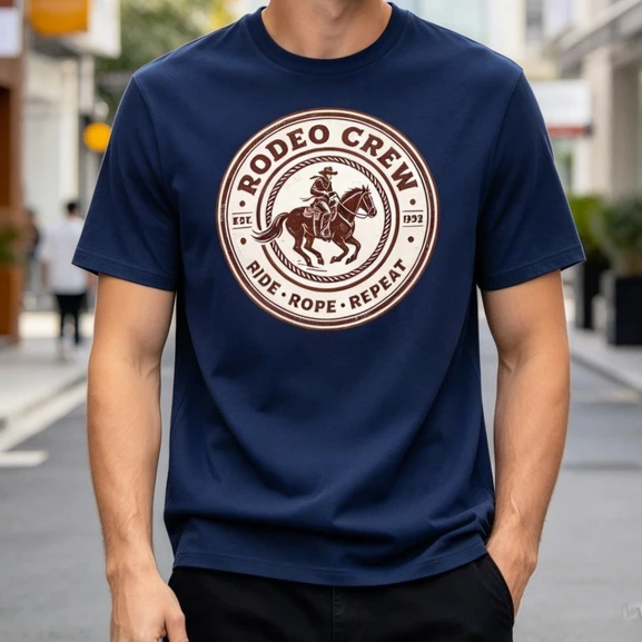 Rodeo Crew T Shirt Men Vintage Cowboy Riding Horse Circle Badge Graphic Tees Western Country Style Ride Rope Repeat Short Sleeve