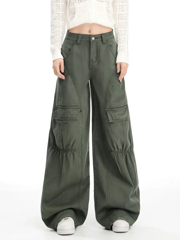 Khaki High Waist Pocket Folds Baggy Jeans Women Y2K Streetwear Cargo Army Green Cotton Casual Denim Wide Leg Pants