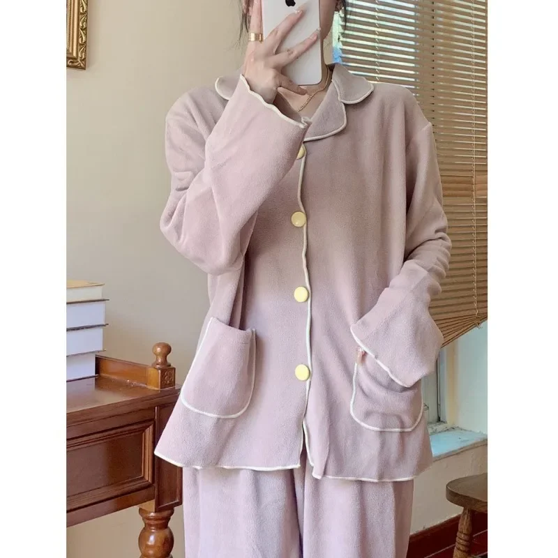 Double-Sided Polar Fleece Pajamas Autumn Winter Women Thickened Large Size Solid Color Sleepwear Warm Coral Fleece Homewear Suit