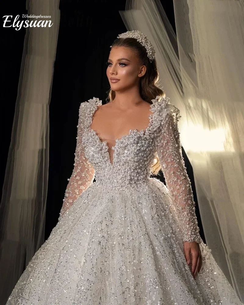 Customized Sweetheart Neck Long Sleeve Wedding Dresses  Pearls Ball Gown Dubai Sparkly Bridal Vestido De Noiva