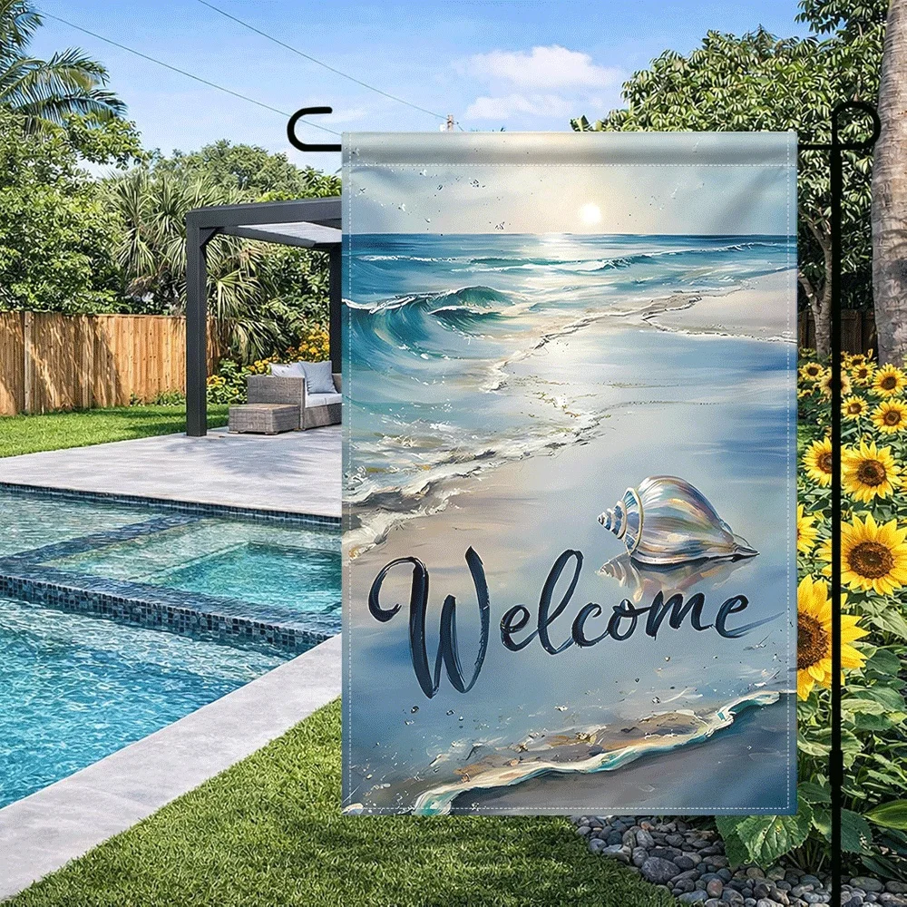 

1PC Welcome Beach Theme Garden Flag Ocean Wave Conch Shell Print Outdoor Decorative Flag for Patio Yard Porch