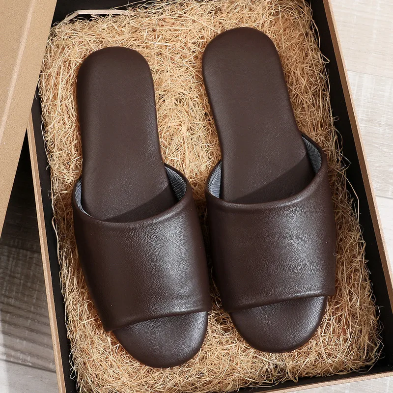 Cow Leather Slipper Womens Open Toe Slide Breathable Men Indoor Shoes