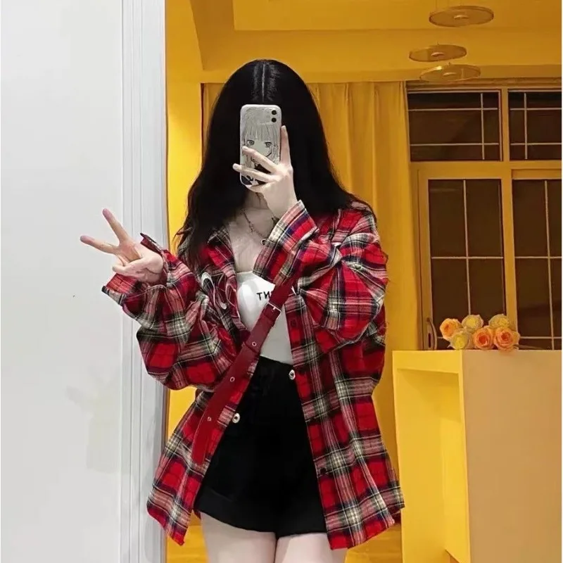 DAYIFUN Ladies\' Letter Embroidery Shirt Summer American Loose Vintage Red Plaid Blouses Long Sleeve Design Sun Protective Top