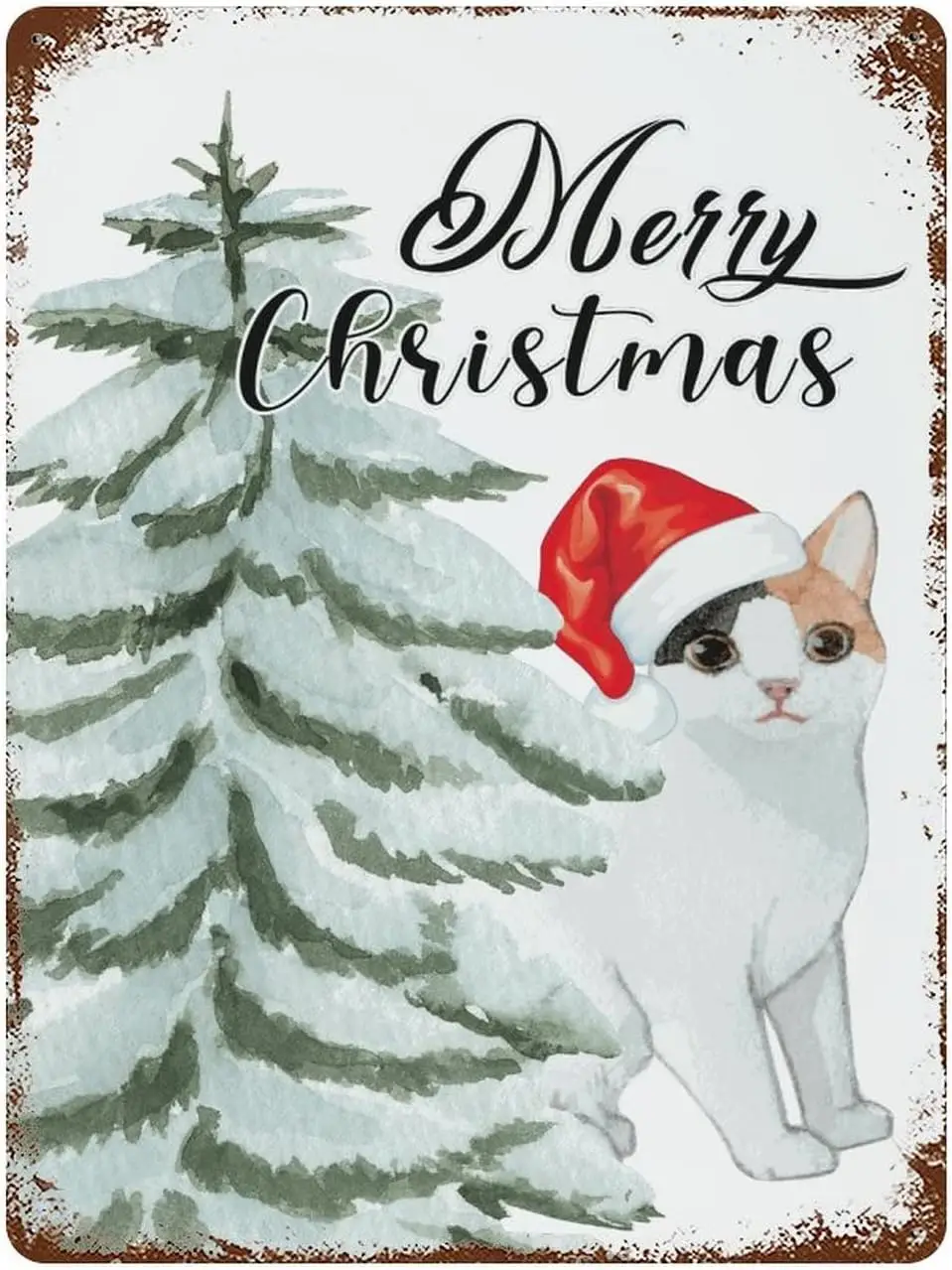 Meowy Christmas Cat Metal Signs Catmas with Red Hat Vintage Tin Sign Custom Outdoor Wall Decor -alum