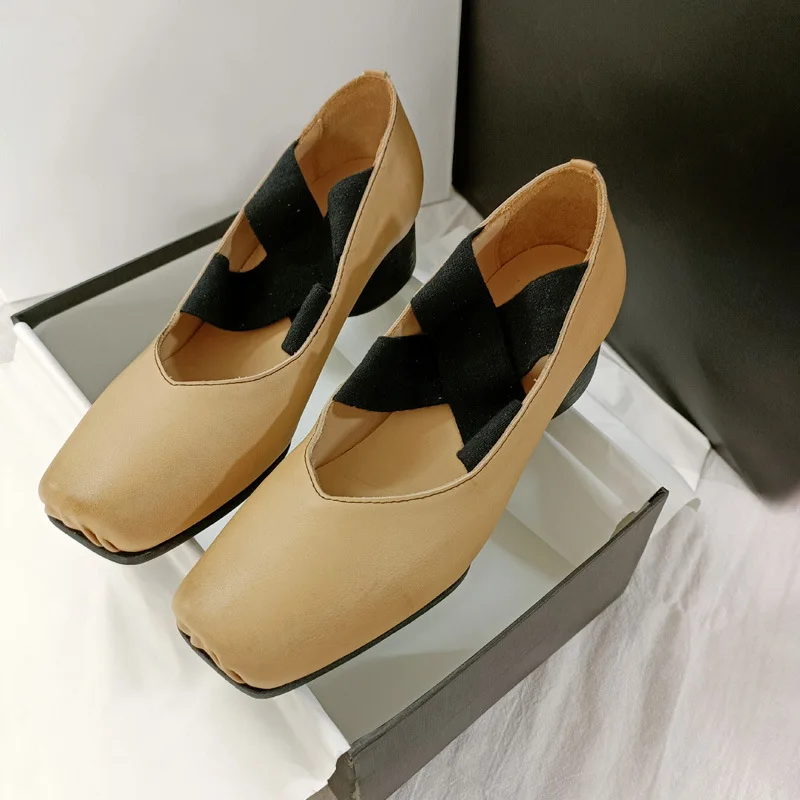 Ballet Style Shoes Middle Heel Khaki Retro Cross Straps Leather Design Square Toe Single Zapatos Mujer Luxury Cover Femininas