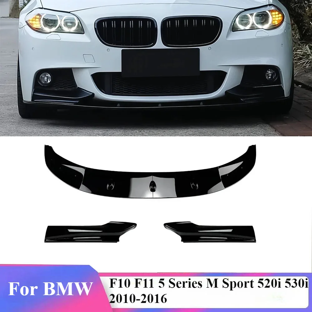 For BMW F10 F11 5 Series M Sport 520i 530i 2010-2016 Carbon Look Body Kit Gloss Black Car Front Bumper Splitter Lip Side Spoiler