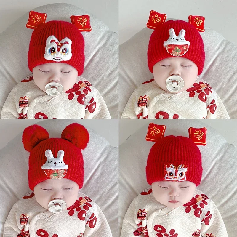 

Red Woolen Hat Cute Lion Dance Design for Boys and Girls Rabbit Shape Ear Kids Hat