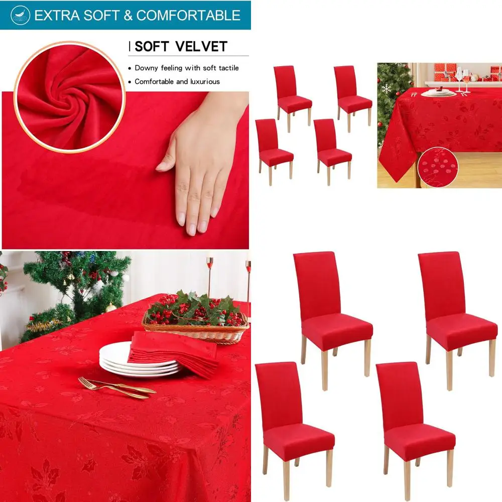 

Набор из 4-х чехлов для обеденных стульев из эластичного вельвета с узором из ягод холли, 60x84, красный цвет.