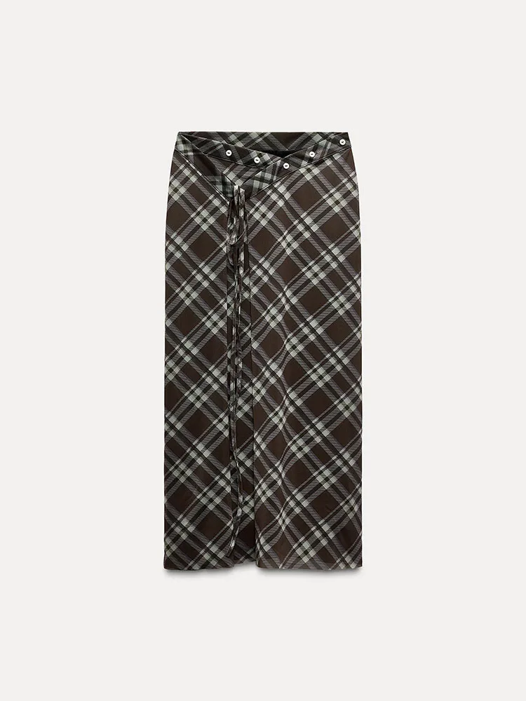 Spring New Arrival Women's Versatile Plaid Silk Me Cage Waist Contrast Color Straight f Skirt Commute Sle Midi Skirt
