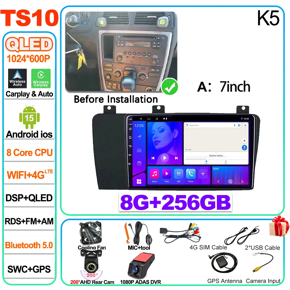 Android 16 voor Volvo XC70 V70 S60 2004 2005 2006 2007 2008 2009 autoradio head unit Carplay Auto multimediaspeler touchscreen