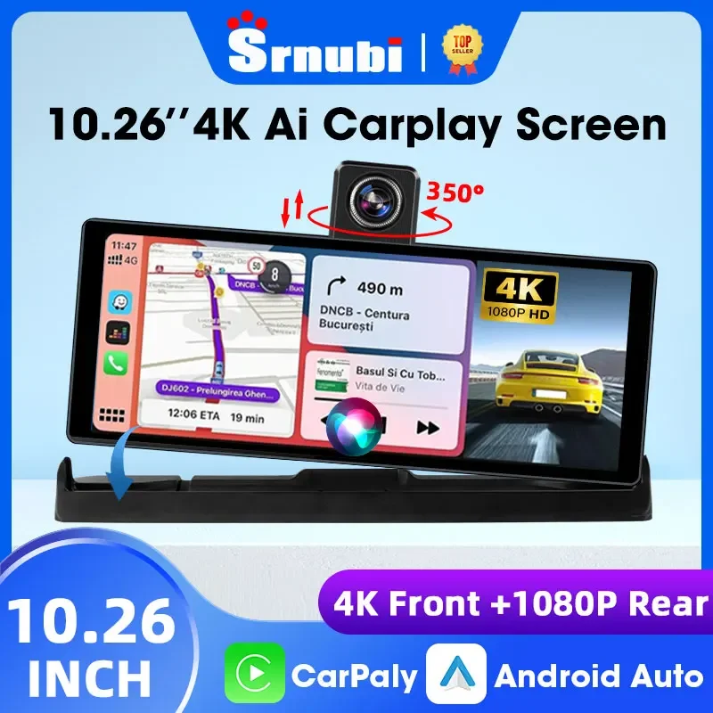 

10.26" Inch Car DVR 4K Camera Wireless Carplay Android Auto 350° Rotation Dual Len GPS Navigation Dash Cam AUX FM Bluetooth WIFI