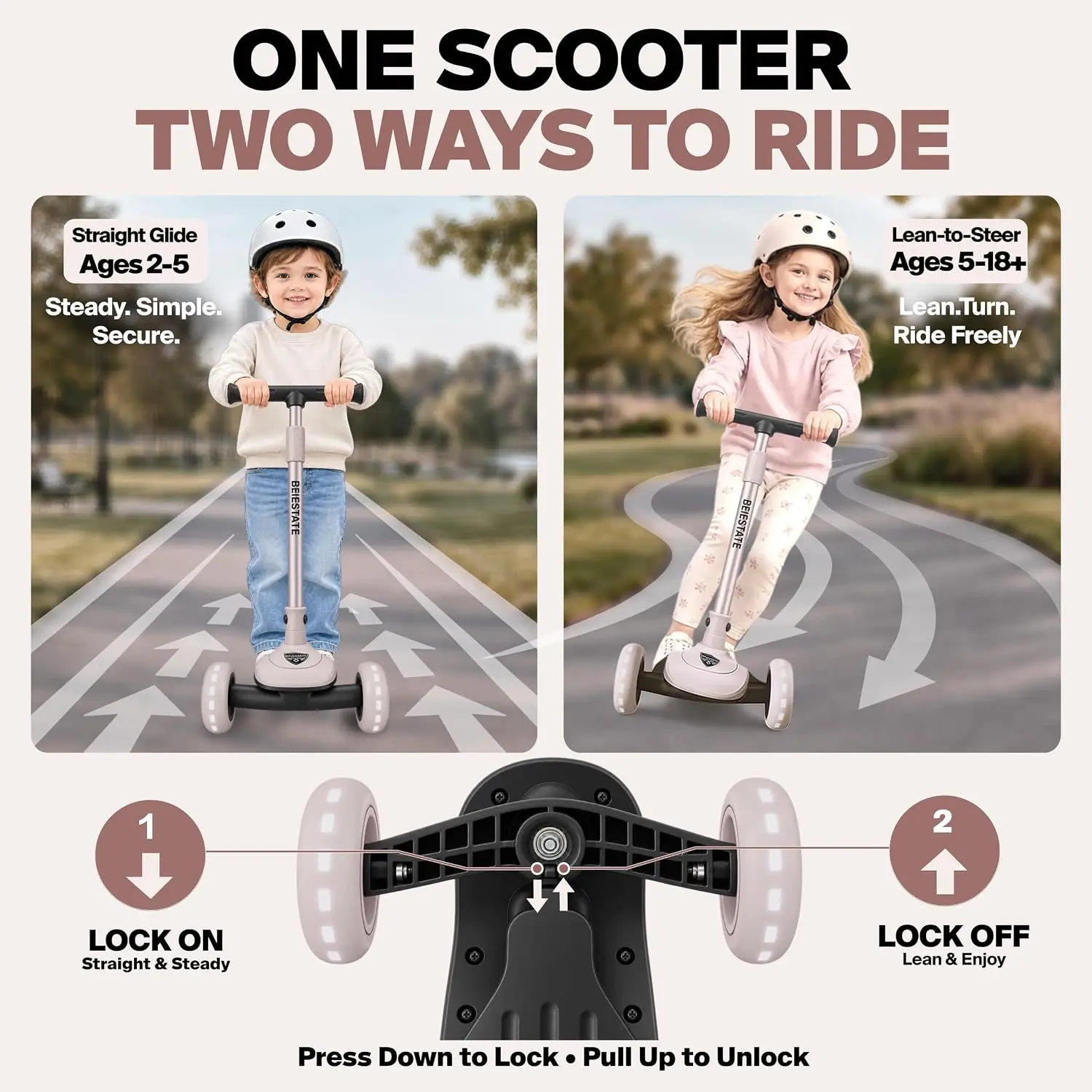 3 Wheel Scooter for Kids 3-12, 2 Riding Modes,4 Heights, Foldable
