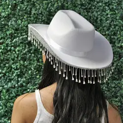 White Bride Crystal Cowgirl Hat Lightweight Simple and Generous Wide Brim Felt Cloth for Bridesmaid Favors Parties Costumes