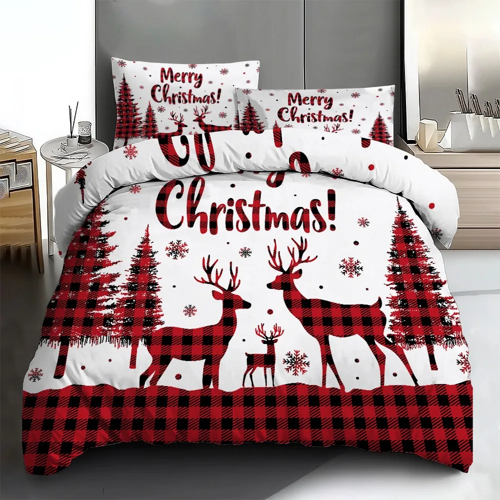 Bedding Set Marry Christmas Tree Deer Print Cozy Duvet Cover King Queen Single Size for Home New Year Christmas Bedroom Decor
