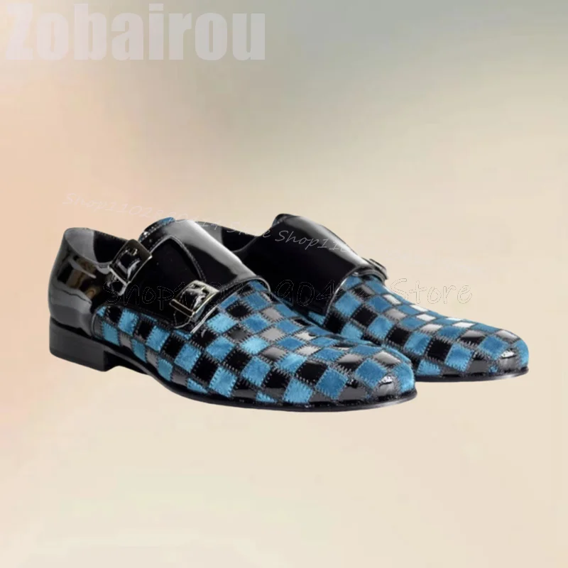 

Blue Black Checkerboard Buckle Design Loafers Fashion Slip On Men Shoes Luxurious Handmade Party Banquet Dating Men Dress Shoes