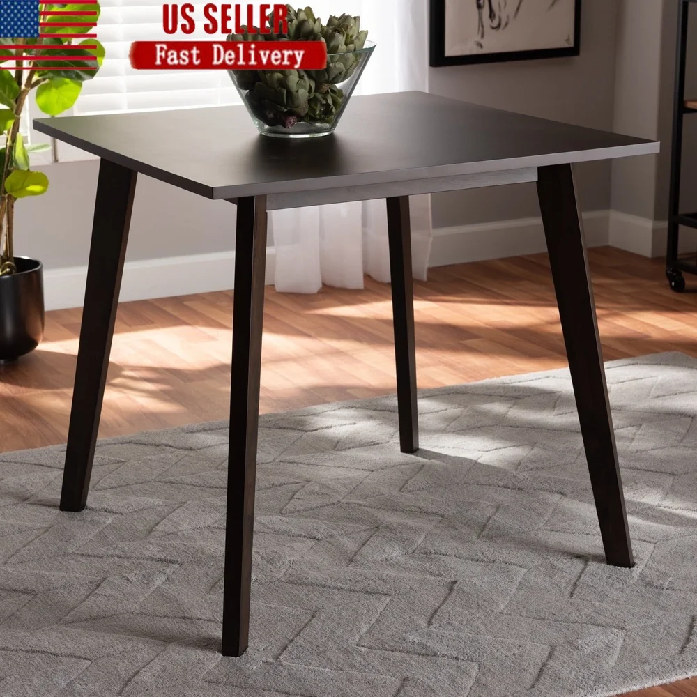 

Mid Century Modern Square Dining Table Rubberwood Indoor Use Compact Design Splayed Legs Assembly Required Dark Oak Finish Seats