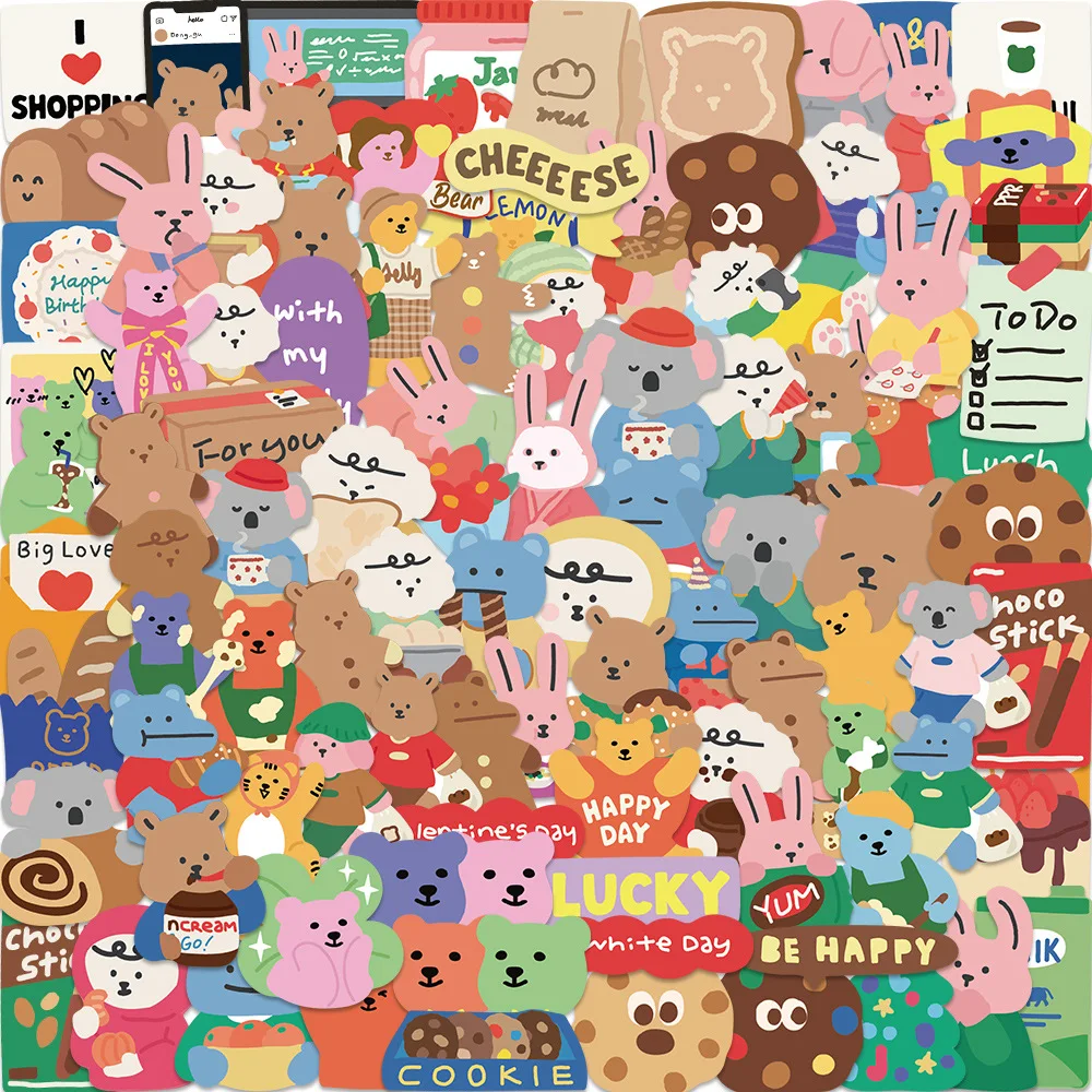 100pcs Cute Korean Bear Stickers Vinyl Waterproof Stickers for Kids Toy Decals for Loptop Water Bottles Skateboard Phone