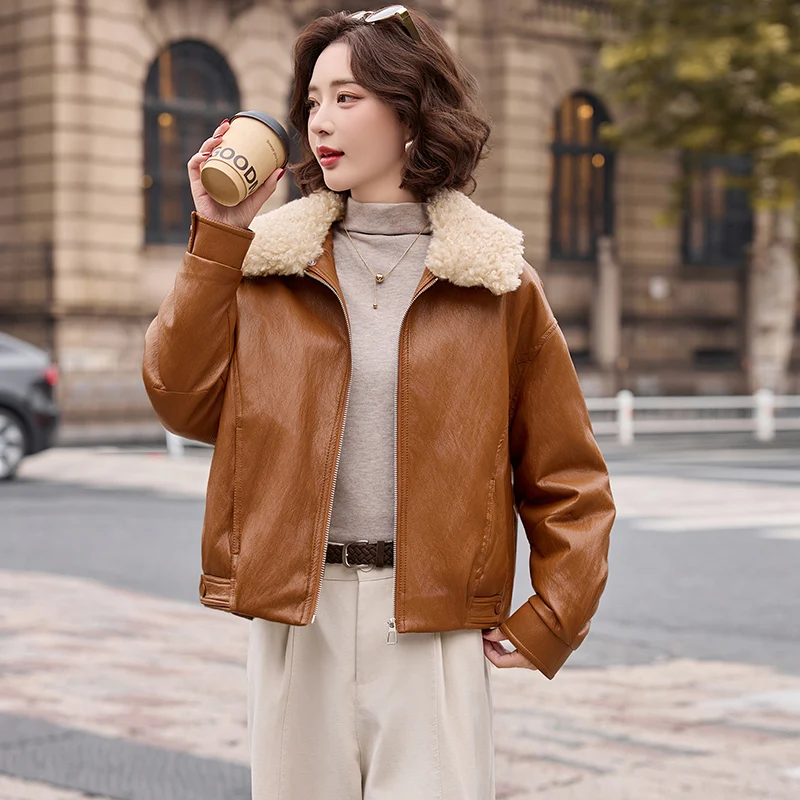 

2026 Winter PU Leather Down Jacket Women's White Duck Down Liner Warm Short Coat Loose Casual Outerwear Lady Streetwear Coats