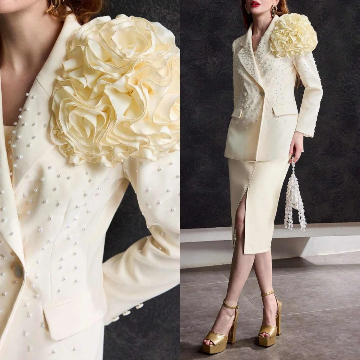 

Fashion Handsome Flowers Women Suits Double Breasted Prom Blazers Pearls 2 Pieces Customized Birthday Party Wear