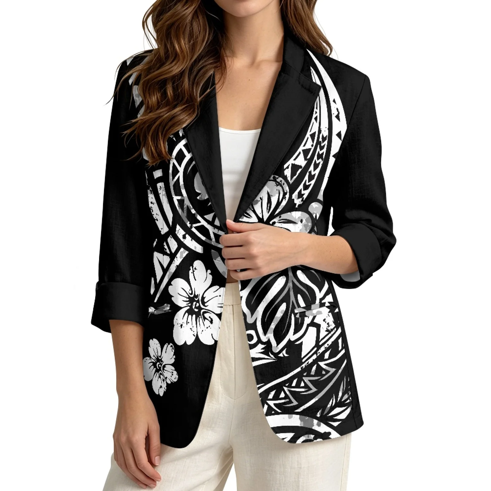 PENSTROLL Hibiscus Theme Open Front Open Front Cardigans for Office Linen Style Beach Cover Ups Sizes S-3XL