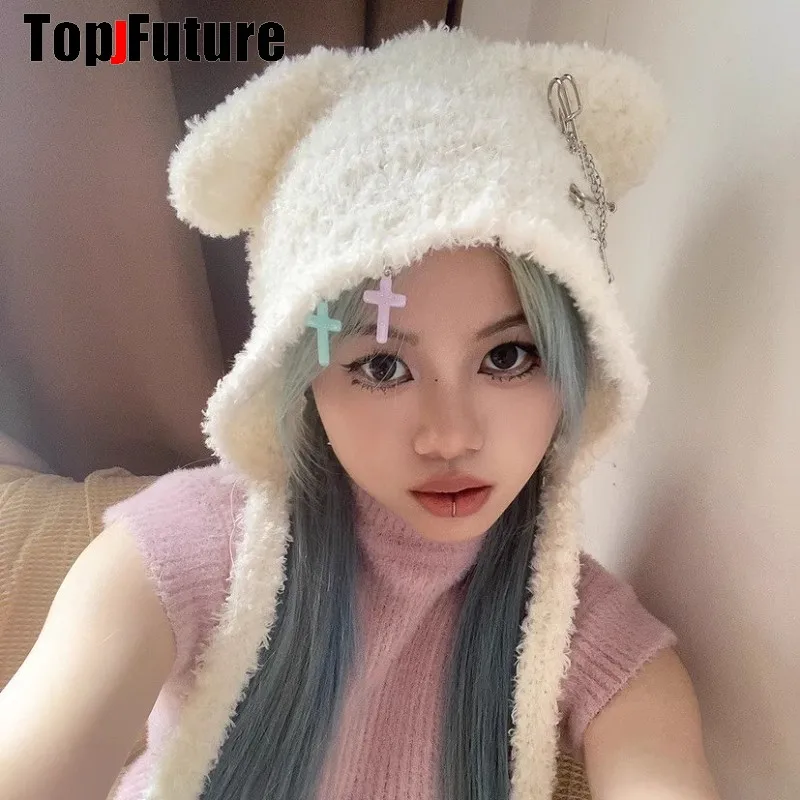 Women Harajuku Gothic Lolita Knitted Cat Ear Hat Chain Cross Designer furry Winter Beanie Hat Female Y2K Girls Accessories Cap