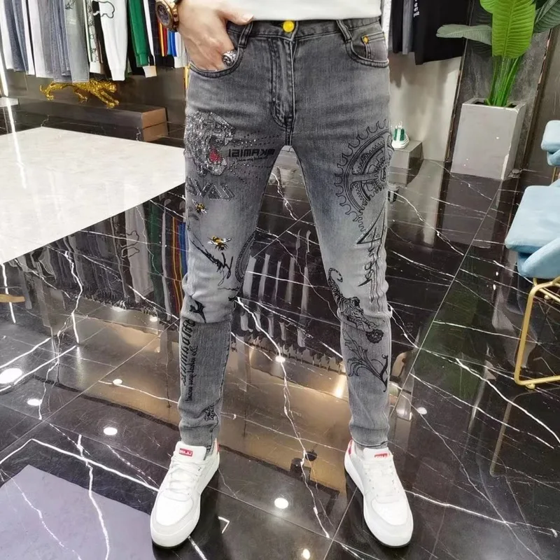 Men's Clothing Spring and Autumn high quality light gray Fashion Brand Tiger Head Hot Drilling Printed Slim Fit Handsome Jeans