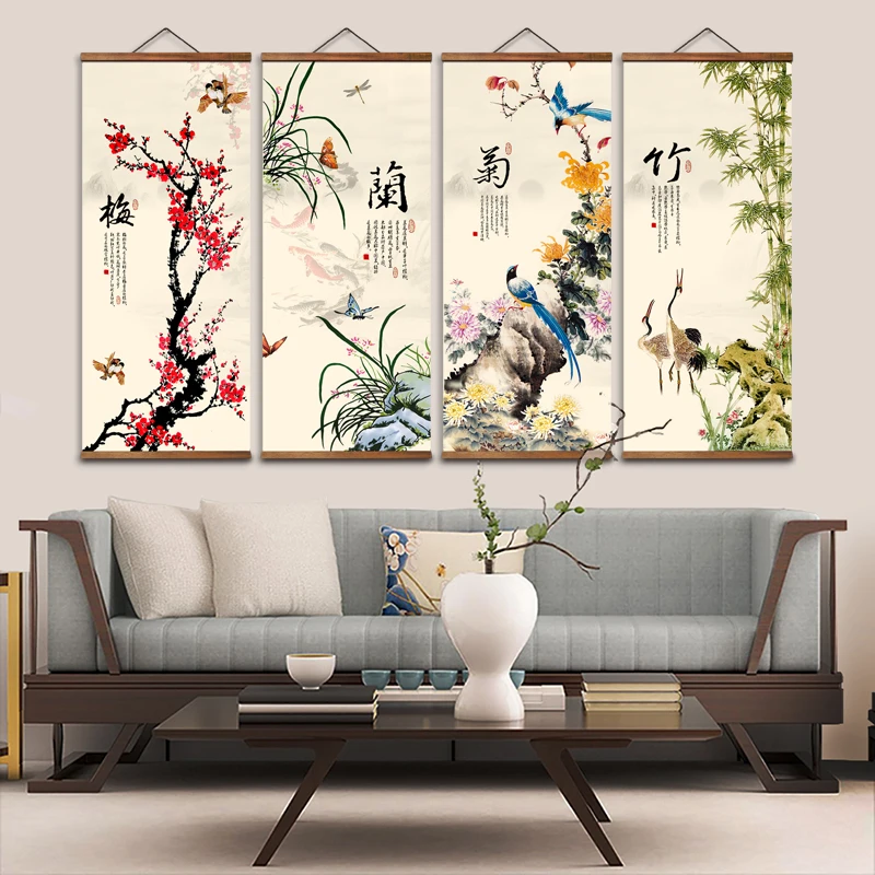 MT0004 Chinese Style Plum orchid bamboo chrysanthemum Flower Bird Decorative Wall Art Canvas Posters Solid Wood Scroll Paintings