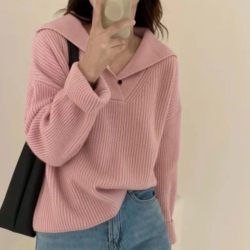2025 Maglione lavorato a maglia strutturato con colletto blu scuro alla moda da donna Top casual pullover morbido e caldo stile pigro invernale