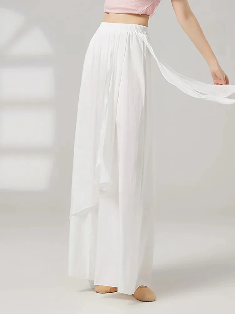 여성용 솔리드 컬러 하이 웨이스트 와이드 레그 팬츠, 루즈한 발레 댄스 바지, 투피스 룩, 무대 및 연습복