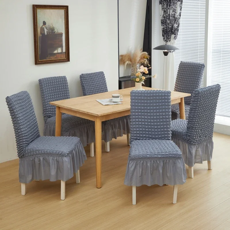 1pc Seersucker Chair Cover with Elegant Ruffle Skirt for Dining Room Washable Kitchen Chair Slipcover For Hotel Wedding