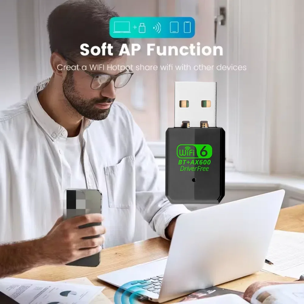 2 в 1 Mini USB Bluetooth-адаптер WiFi 6 AX600 Dongle Сетевая карта 2,4G/5 ГГц Драйвер Бесплатный ПК 600 Мбит/с Высокоскоростной беспроводной приемник