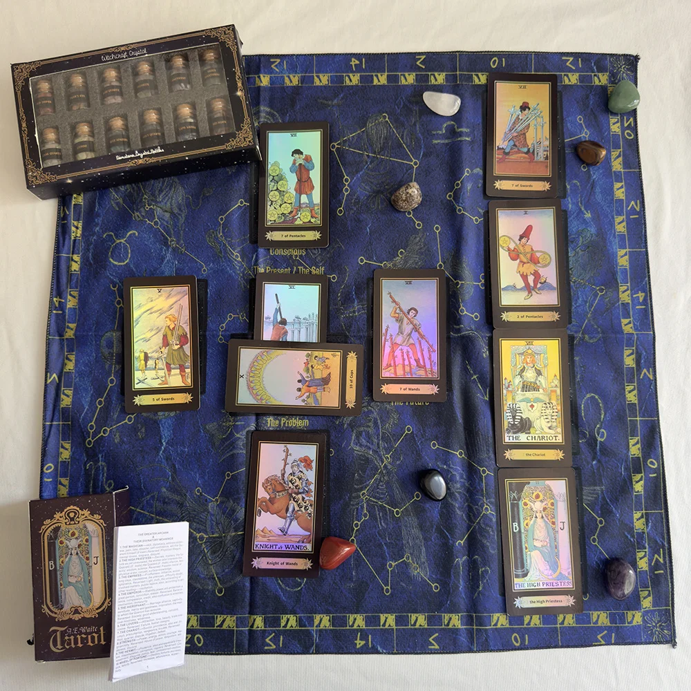 Tarot Card Set 78 Cards 12 Crystal Vessels 7 Chakra Stones 1 Tarot Tablecloth 1 Pendant Accessory 1 Storage Bag for Divination