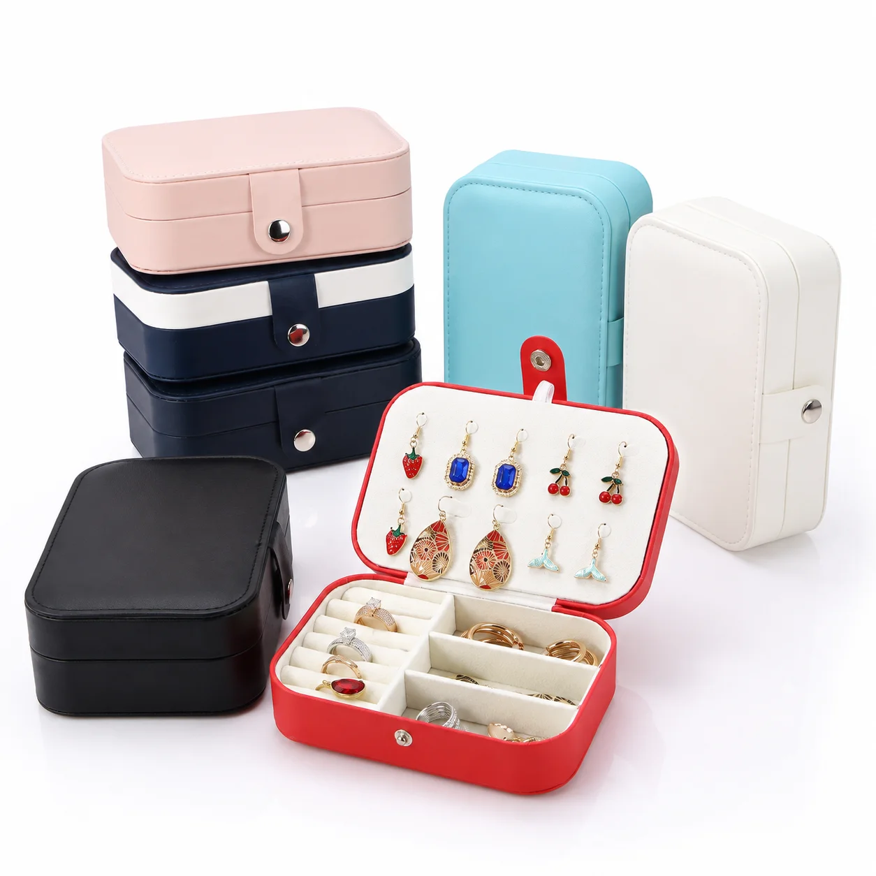 Tragbare Schmuckbox aus PU-Leder, doppellagig, Reise-Schmuckaufbewahrungsbox mit Druckknöpfen für Ringe, Halsketten und Ohrringe – Detail 3