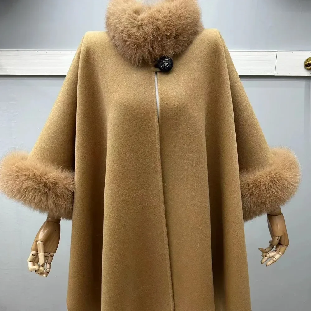 Manteau en fourrure de renard naturel pour femme, col en fourrure de renard naturel, poignets, manches évasées, laine, luxe, veste d'hiver, nouveau, 2024