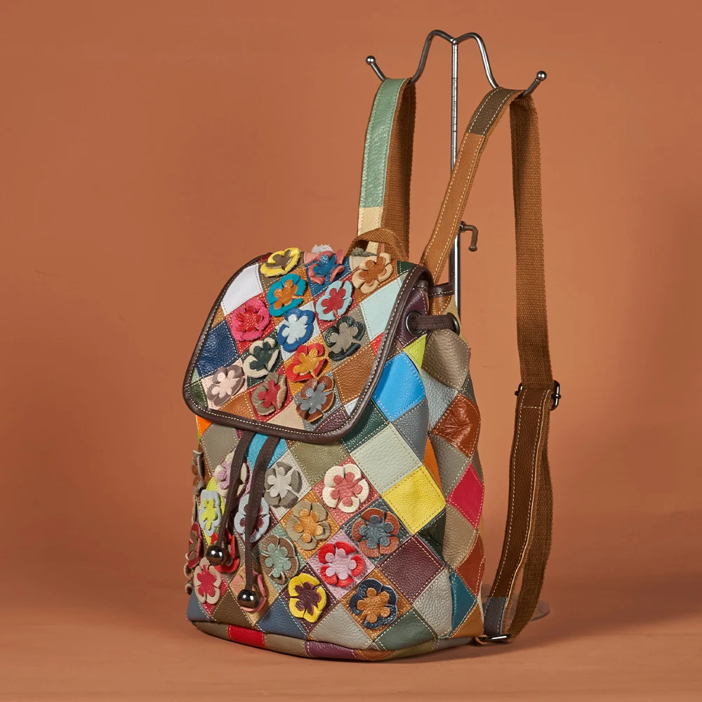 

Vintage Leather Backpack for Women, Handmade Floral Patchwork Bag Waterproof Lightweight Travel Backpack with Color-Block Design