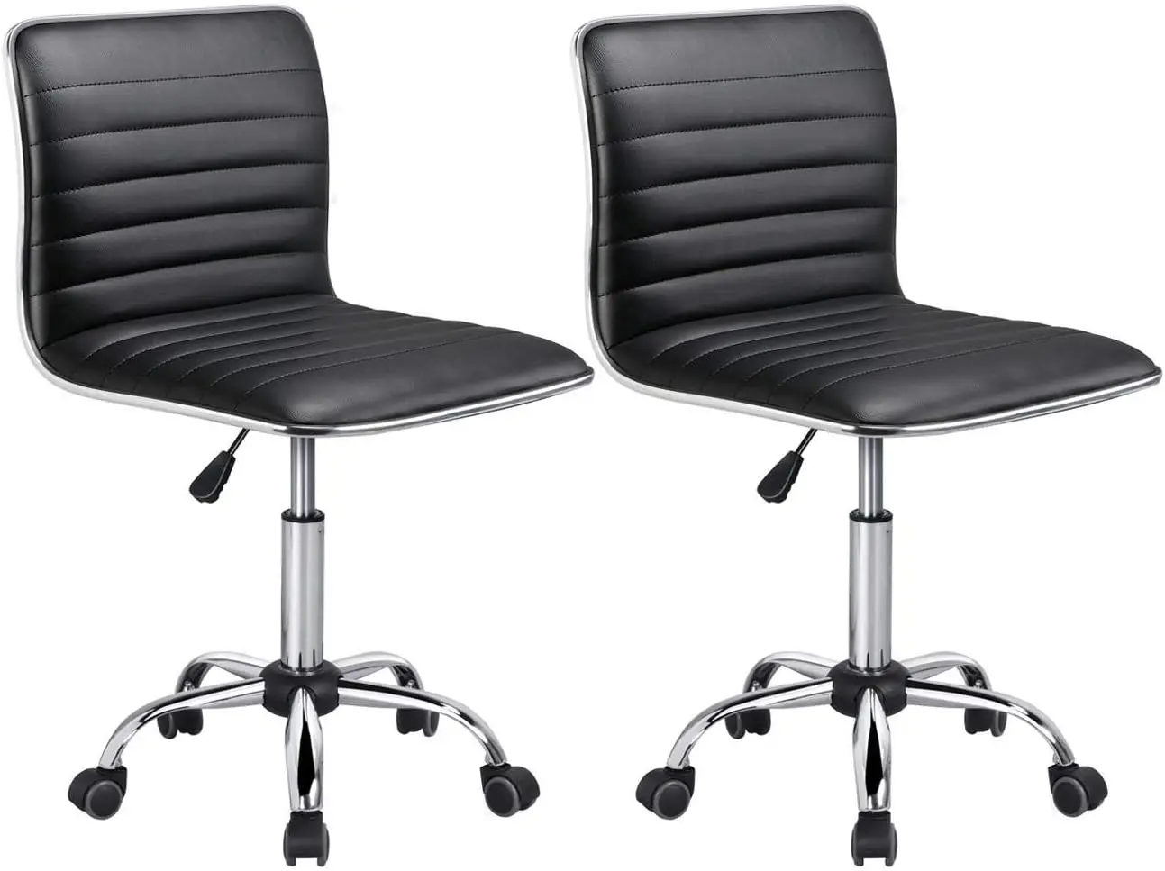 Yaheetech PU Leather Armless Desk Chair Low Back Ribbed Swivel Chair Office Chair with Wheels, Set of 2, Black