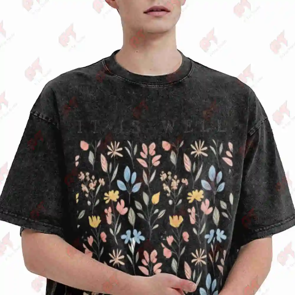It Is Well With My Soul Floral Print Vintage Washed Tee Pure Cotton T-Shirt