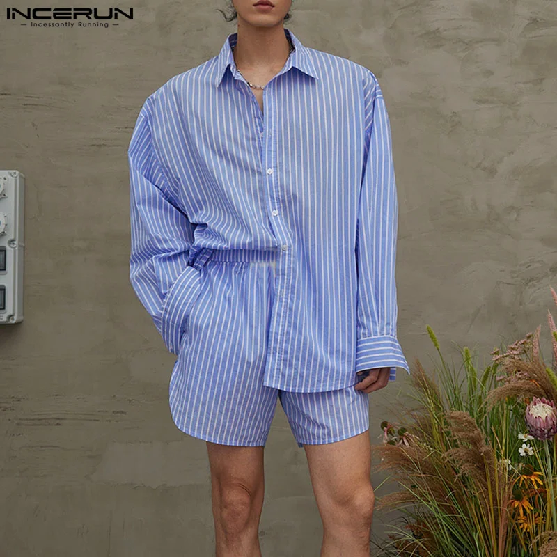 INCERUN 2024 Korean Style Stylish Striped Sets Men Long Sleeved Shirt Shorts Casual Well Fitting Male Loose Two-piece Sets S-5XL